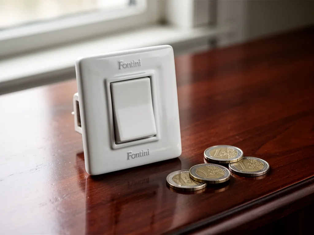 A close-up of a white porcelain Fontini light switch resting on a polished dark wood surface, three Euro coins scattered