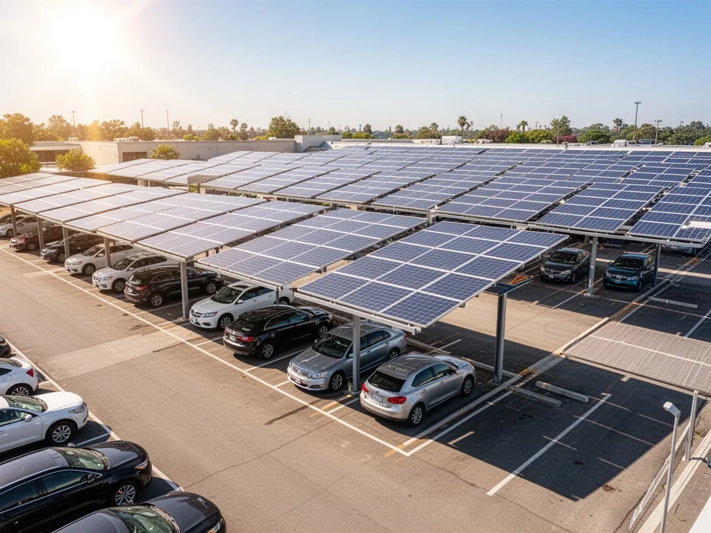 A parking lot with solar panel carports shading vehicles, a flat rooftop with rows of photovoltaic panels, bright midday