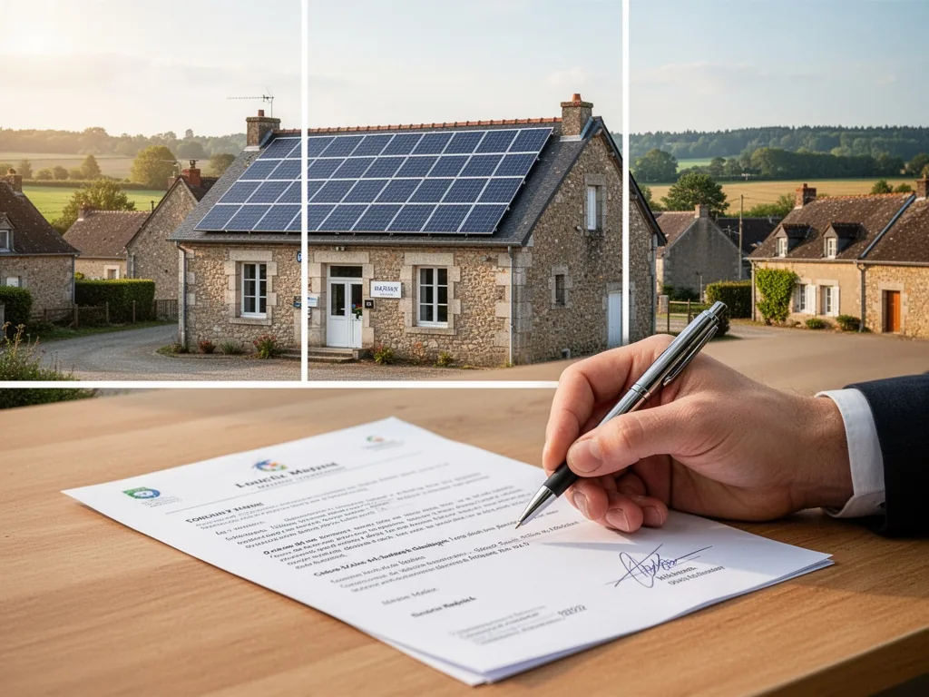 A small village town hall in Mayenne with new solar panels on its roof, a hand holding a pen over a signed contract on a