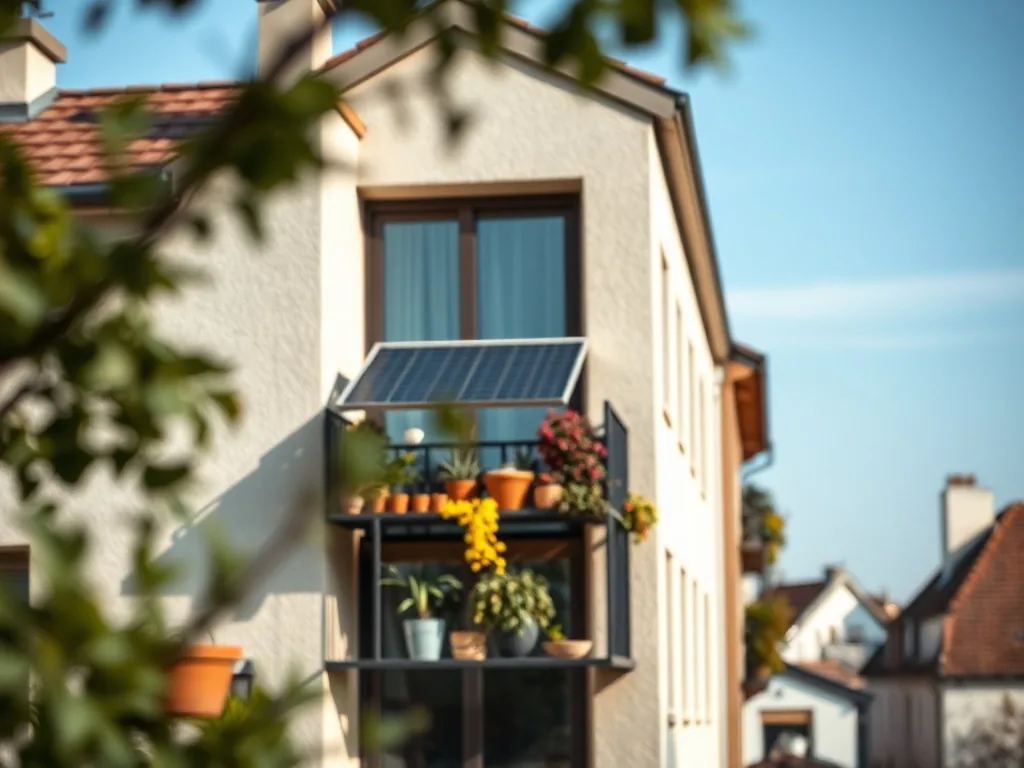 Un petit panneau solaire fixé sur la rambarde d'un balcon en ville.