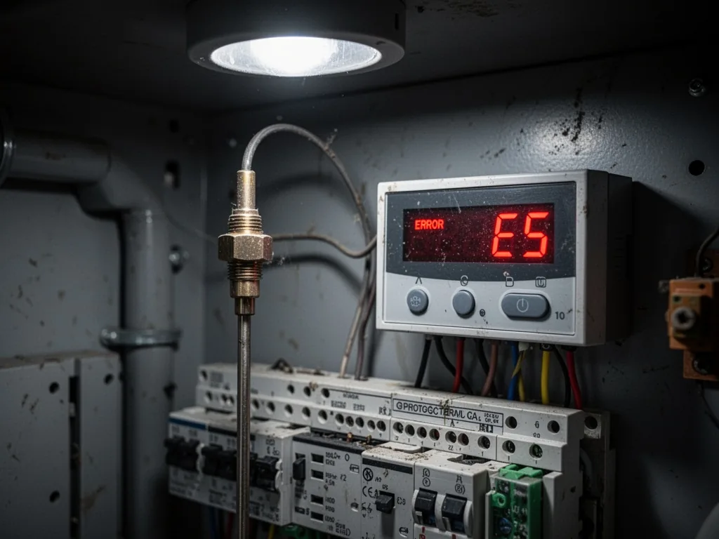 A faulty temperature sensor probe with a digital thermostat display showing error code E5, positioned on a heat pump con