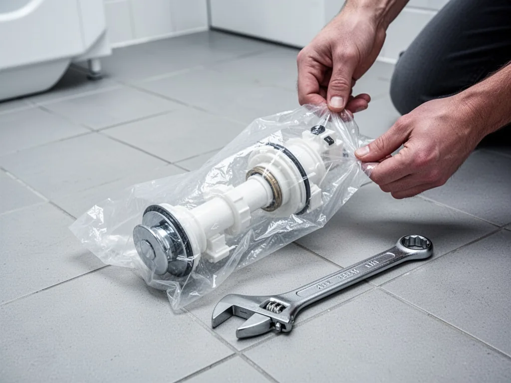 A brand new flush mechanism in its plastic packaging, lying next to a adjustable wrench on a tiled floor, hands unwrappi