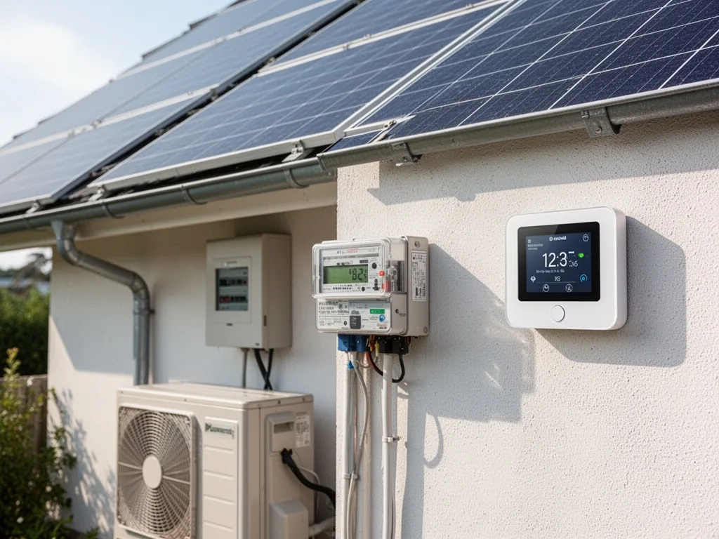 Vue rapprochée d'un coffret électrique industriel avec contacteurs, disjoncteurs et borniers, câblés en triphasé pour une pompe à chaleur.